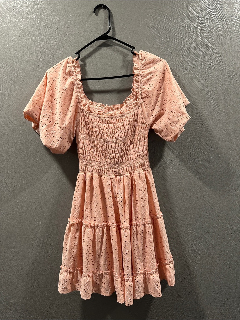 She + Sky Peach Eyelet Smocked Mini Dress